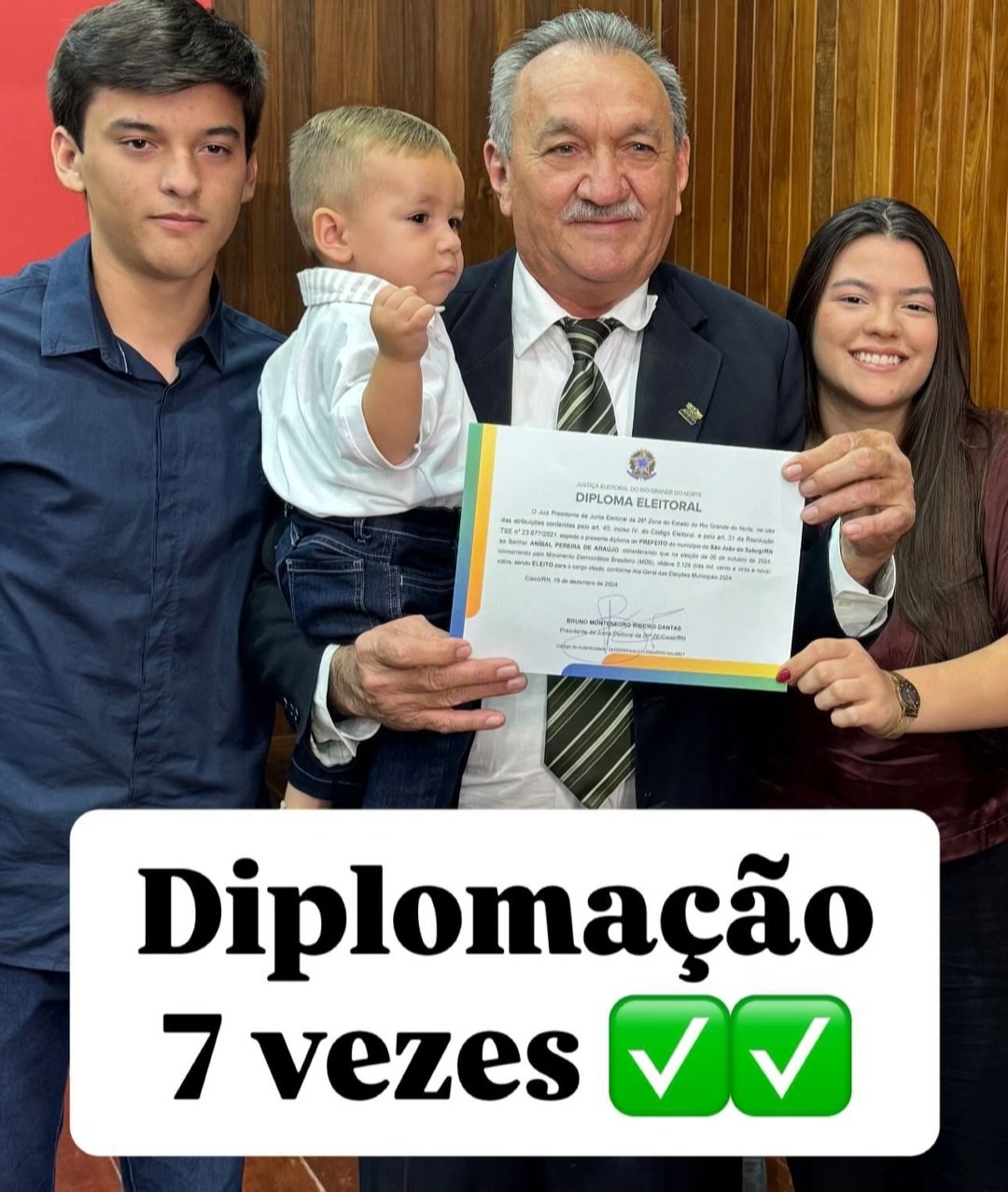 Prefeito Aníbal Pereira é diplomado para seu 7° mandato em São João do Sabugi(RN)