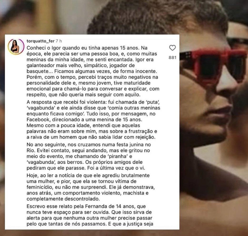 Passado sujo de Igor Cabral vem à tona: Mulher revela que foi manipulada e humilhada pelo agressor quando era menor de idade