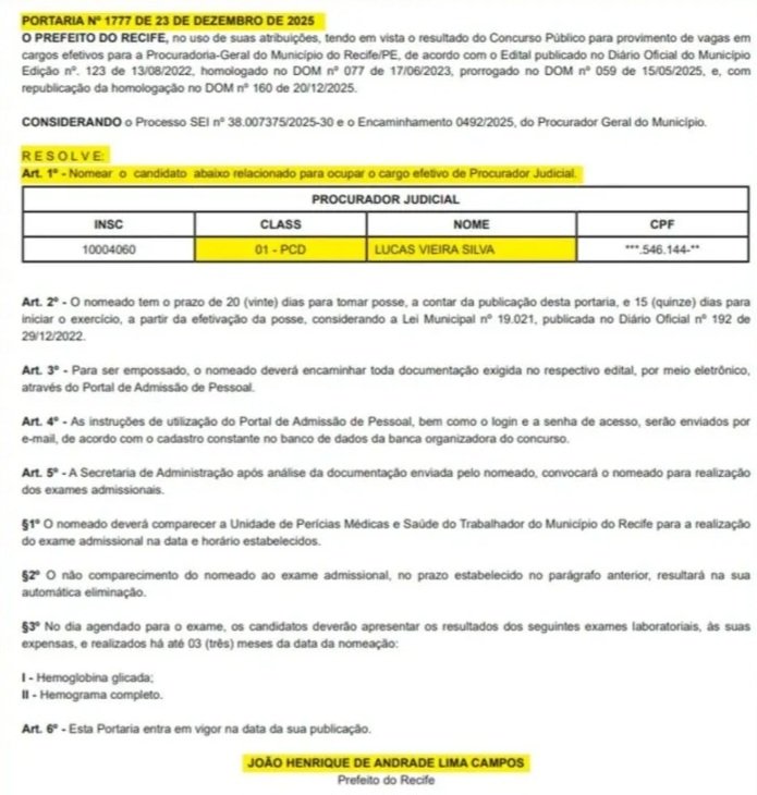 Parecer da Procuradoria Municipal do Recife foi ignorado por João Campos, em nomeação de filho de juiz e procuradora do TCE sem ter concorrido em vaga PcD