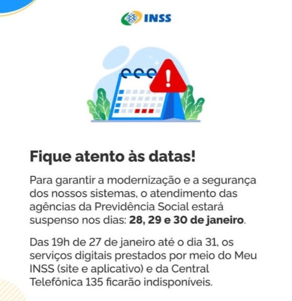 INSS ficará fora do ar por três dias em janeiro; agências e aplicativo terão atendimento suspenso