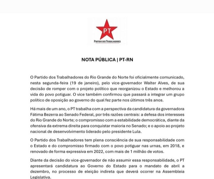 Em nota, PT confirma rompimento com Walter Alves e anuncia candidatura para eleição inditeta na Assembleia Legislativa