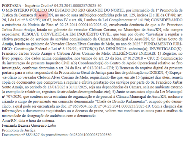 Promotoria de Justiça instaura inquérito civil para investigar possível “funcionário fantasma” na Câmara Municipal de Assú
