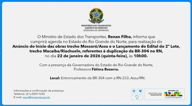 Ministro confirma agenda no RN na próxima quinta-feira(22)