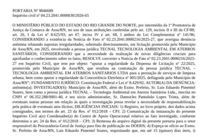 Ministério Público investiga contratos de limpeza urbana da Prefeitura de Assú