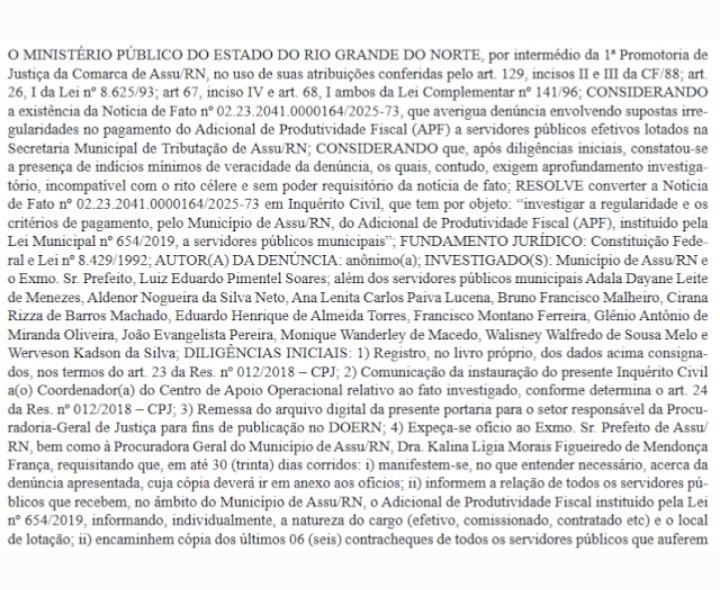 MP abre Inquérito civil para apurar denúncia de supostas irregularidades no pagamento de adicional de produtividade na prefeitura de Assú