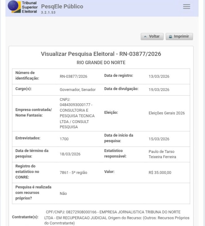 Instituto Consult registra pesquisa no Rio Grande do Norte